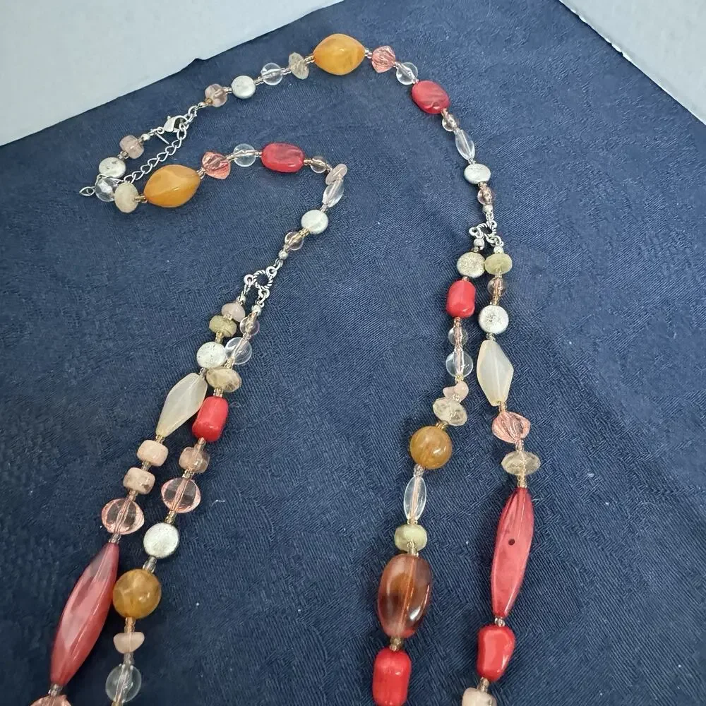Vintage Avon NR Beaded Necklace Orange Red Beads Silvertone‎ Chain Two Strand